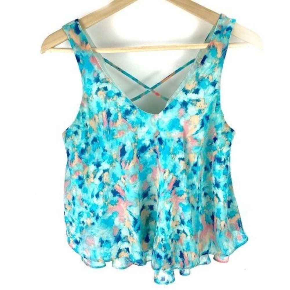 Decree Blue Sleeveless Cropped Tiered Tank Blouse Size Small